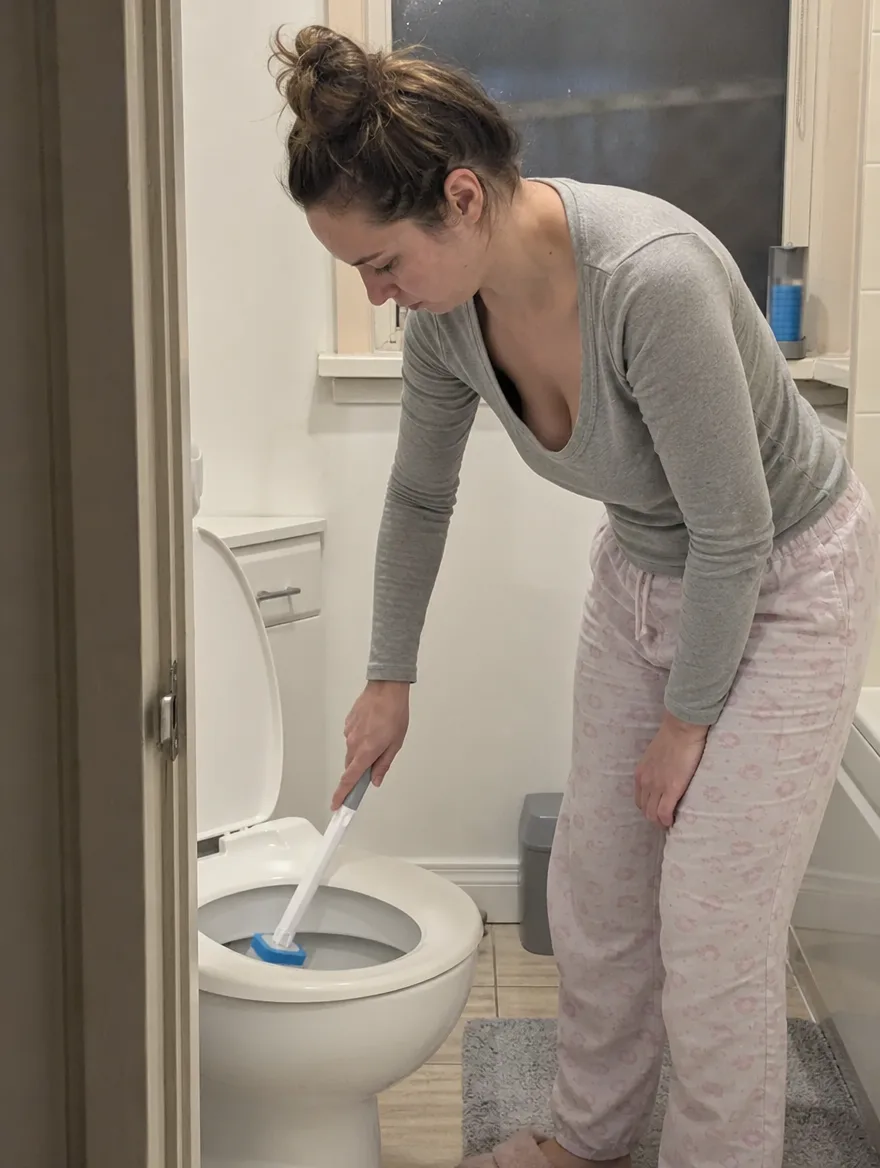 Woman cleaning her toilet in pyjamas with the TossClean wand
