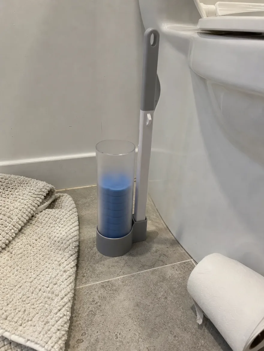TossClean caddy and wand on a bathroom floor beside the toilet